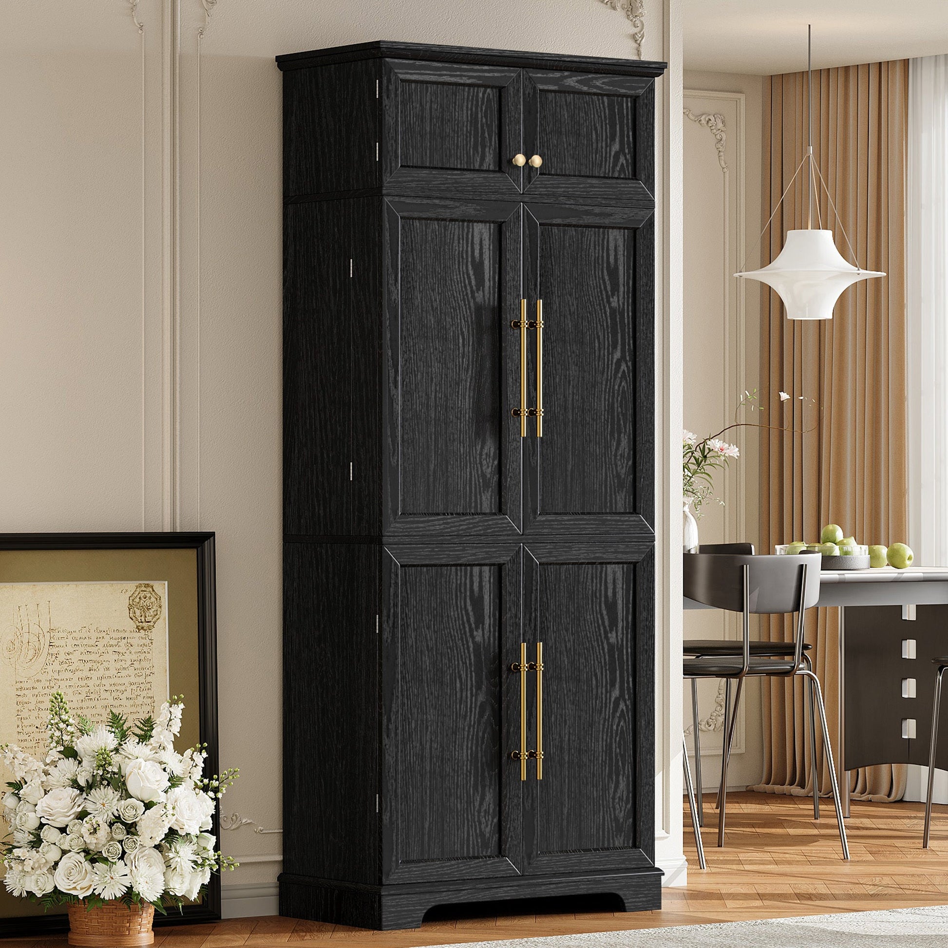 K&K 78.2' Tall Farmhouse Kitchen Pantry Cabinet with 8 Door Shelves, Storage Cabinet with 4 Adjustable Shelves, Hidden Drawer, Wine Rack, Versatile Cupboard for Kitchen, Dining & Bathroom, Ash Black - 1st Choice Furniture Direct