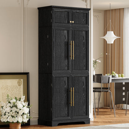 K&K 78.2' Tall Farmhouse Kitchen Pantry Cabinet with 8 Door Shelves, Storage Cabinet with 4 Adjustable Shelves, Hidden Drawer, Wine Rack, Versatile Cupboard for Kitchen, Dining & Bathroom, Ash Black - 1st Choice Furniture Direct