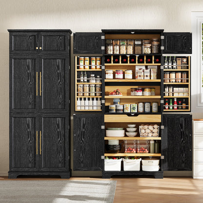 K&K 78.2' Tall Farmhouse Kitchen Pantry Cabinet with 8 Door Shelves, Storage Cabinet with 4 Adjustable Shelves, Hidden Drawer, Wine Rack, Versatile Cupboard for Kitchen, Dining & Bathroom, Ash Black - 1st Choice Furniture Direct