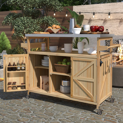 K&K Outdoor Kitchen Island, Rolling Bar Cart & Storage Cabinet, Farmhouse Solid Wood Outdoor Grill Table with Stainless Steel Top, Spice Rack , Towel Rack for Kitchen & BBQ , Natural - 1st Choice Furniture Direct