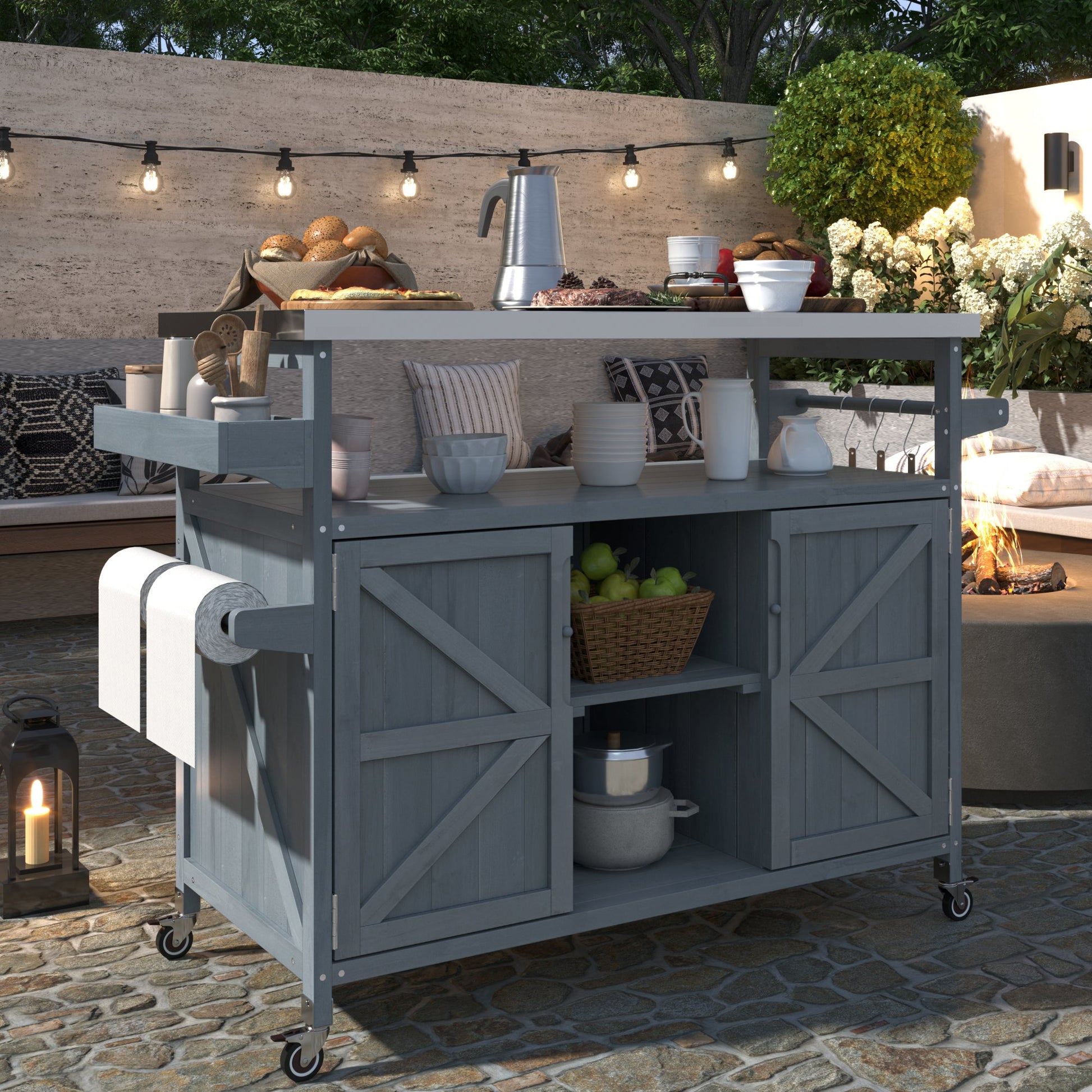K&K Outdoor Kitchen Island, Rolling Bar Cart & Storage Cabinet, Farmhouse Solid Wood Outdoor Grill Table with Stainless Steel Top, Spice Rack , Towel Rack for Kitchen & BBQ , Grey Blue - 1st Choice Furniture Direct