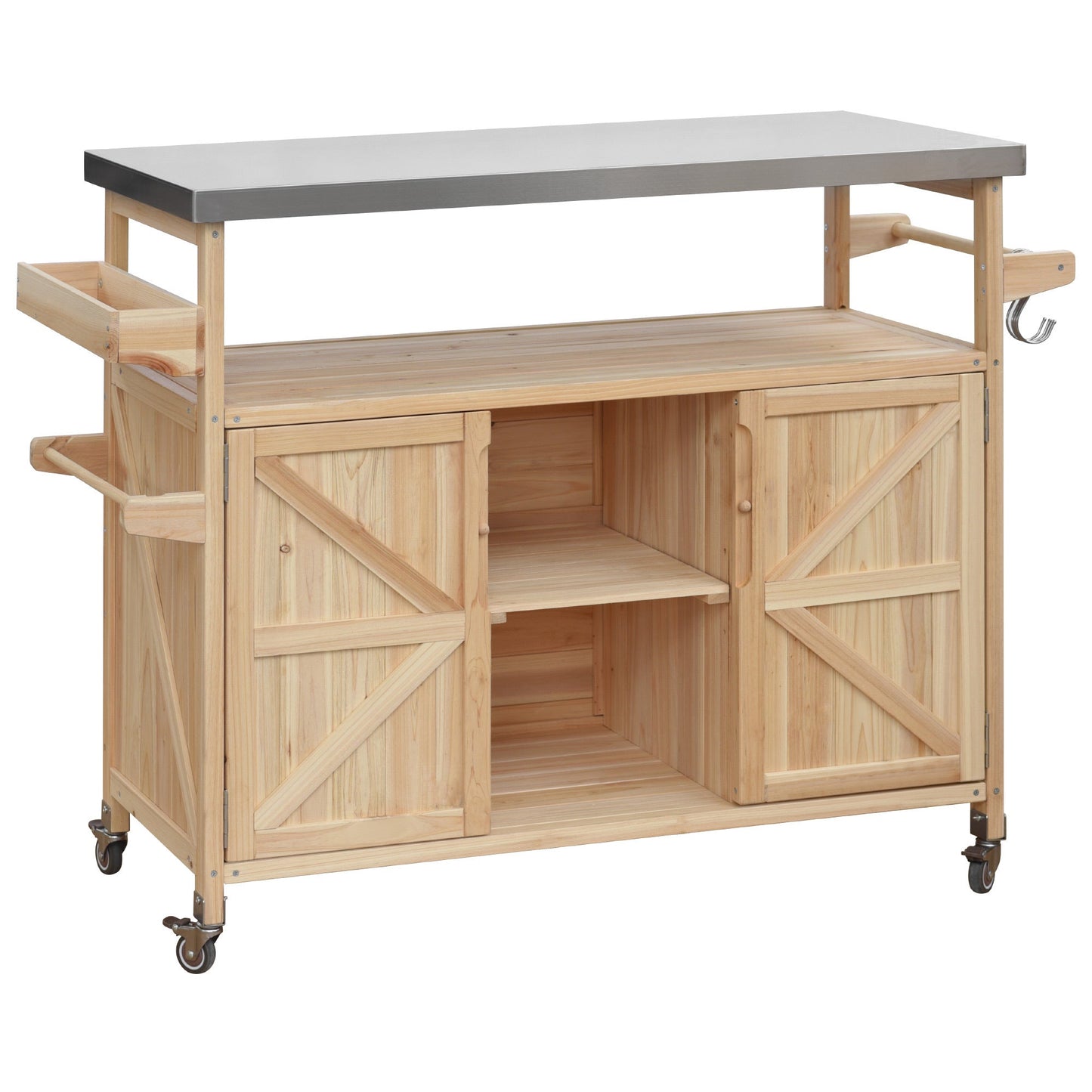 K&K Outdoor Kitchen Island, Rolling Bar Cart & Storage Cabinet, Farmhouse Solid Wood Outdoor Grill Table with Stainless Steel Top, Spice Rack , Towel Rack for Kitchen & BBQ , Natural - 1st Choice Furniture Direct