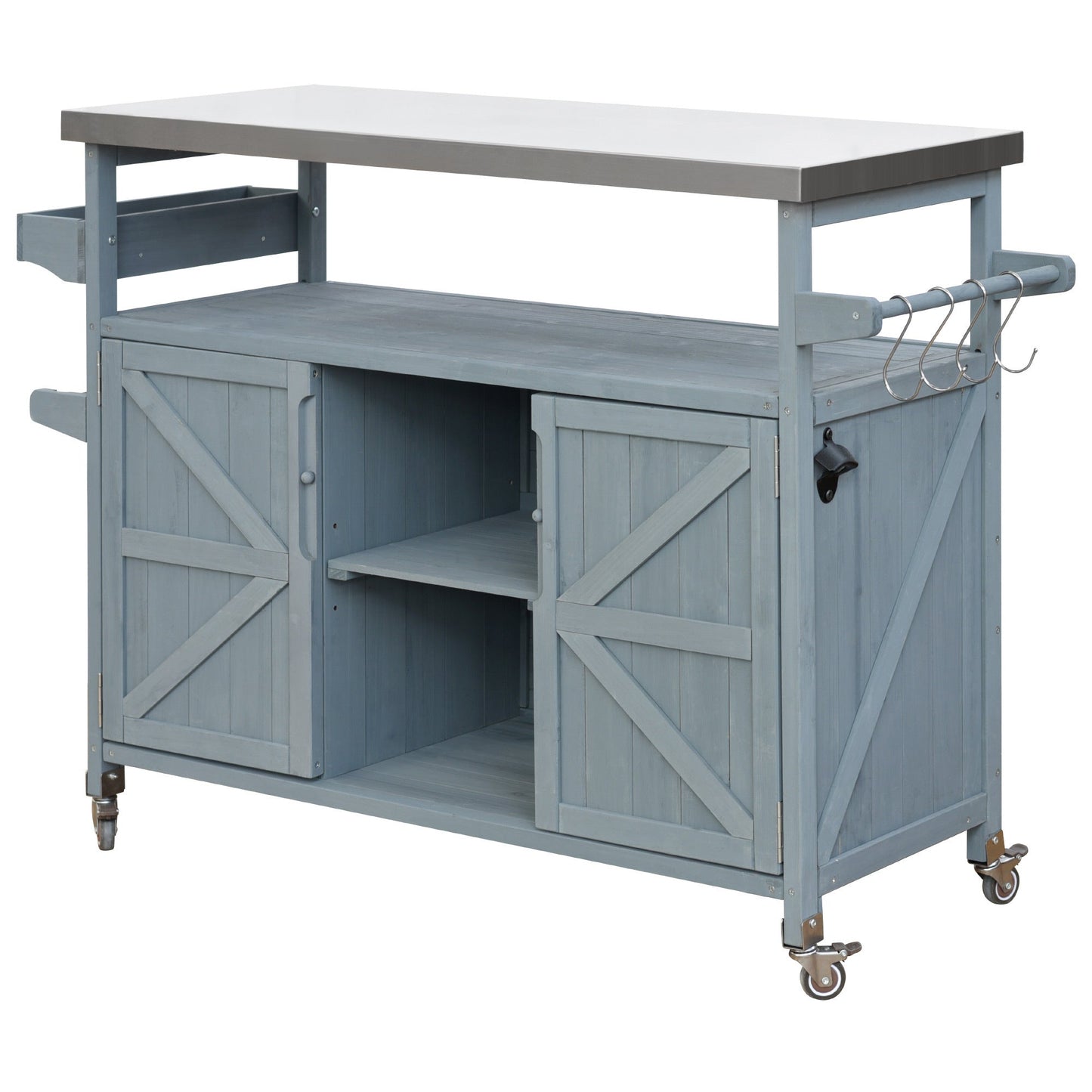 K&K Outdoor Kitchen Island, Rolling Bar Cart & Storage Cabinet, Farmhouse Solid Wood Outdoor Grill Table with Stainless Steel Top, Spice Rack , Towel Rack for Kitchen & BBQ , Grey Blue - 1st Choice Furniture Direct