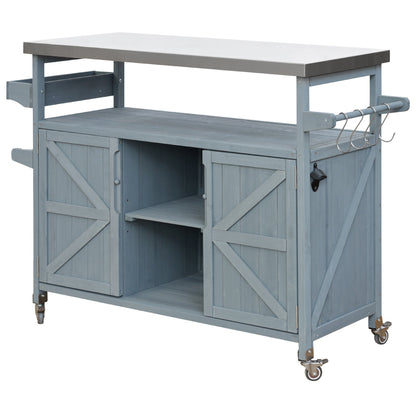 K&K Outdoor Kitchen Island, Rolling Bar Cart & Storage Cabinet, Farmhouse Solid Wood Outdoor Grill Table with Stainless Steel Top, Spice Rack , Towel Rack for Kitchen & BBQ , Grey Blue - 1st Choice Furniture Direct