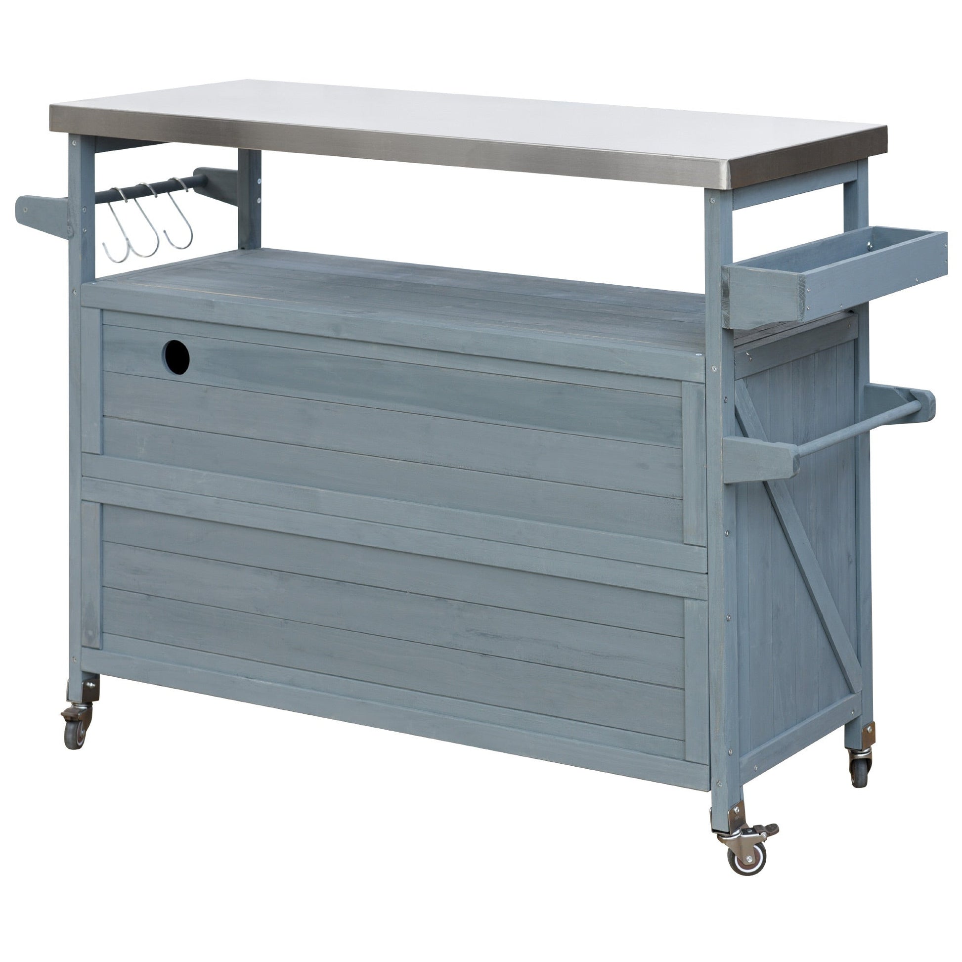 K&K Outdoor Kitchen Island, Rolling Bar Cart & Storage Cabinet, Farmhouse Solid Wood Outdoor Grill Table with Stainless Steel Top, Spice Rack , Towel Rack for Kitchen & BBQ , Grey Blue - 1st Choice Furniture Direct