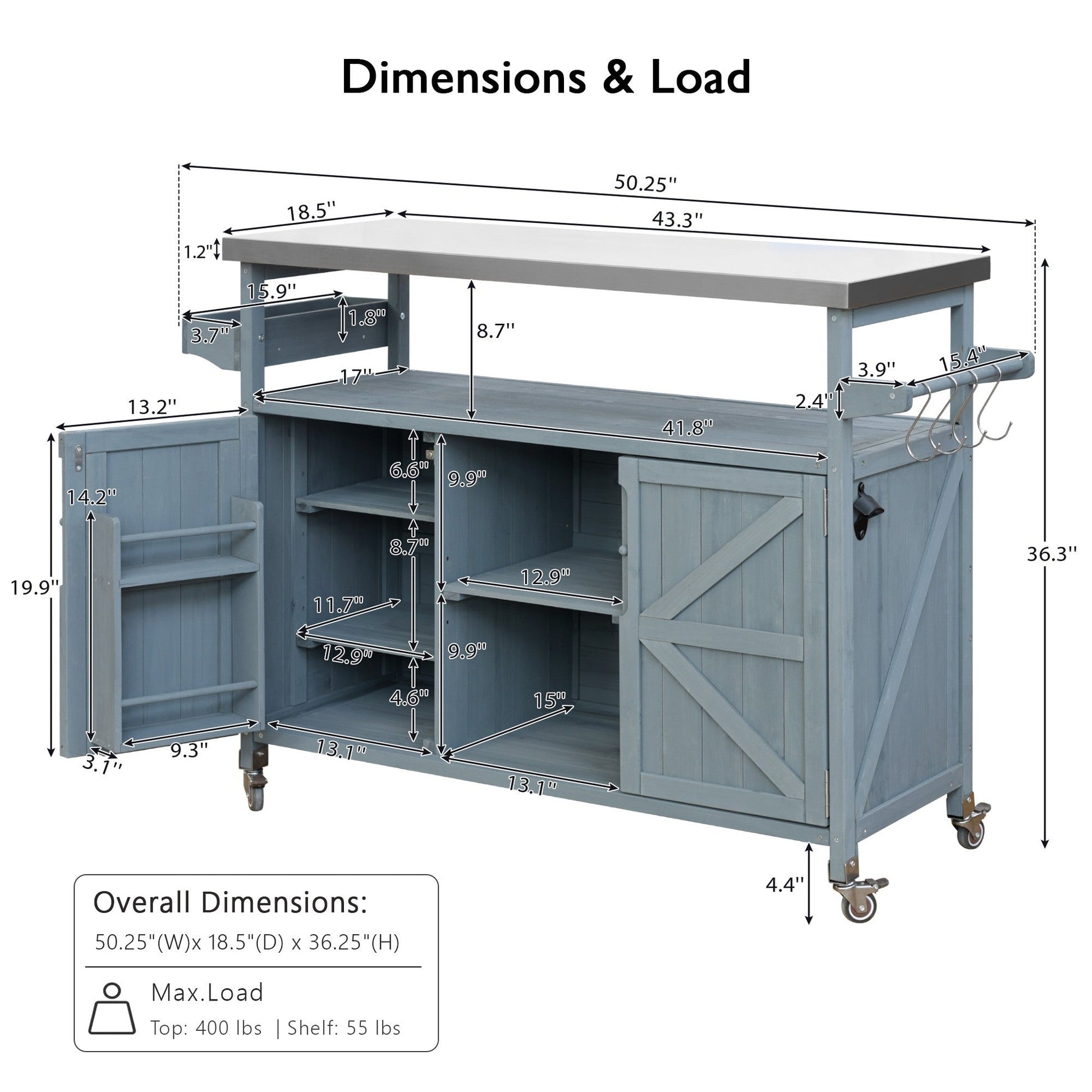 K&K Outdoor Kitchen Island, Rolling Bar Cart & Storage Cabinet, Farmhouse Solid Wood Outdoor Grill Table with Stainless Steel Top, Spice Rack , Towel Rack for Kitchen & BBQ , Grey Blue - 1st Choice Furniture Direct
