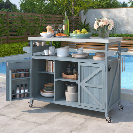 K&K Outdoor Kitchen Island, Rolling Bar Cart & Storage Cabinet, Farmhouse Solid Wood Outdoor Grill Table with Stainless Steel Top, Spice Rack , Towel Rack for Kitchen & BBQ , Grey Blue - 1st Choice Furniture Direct