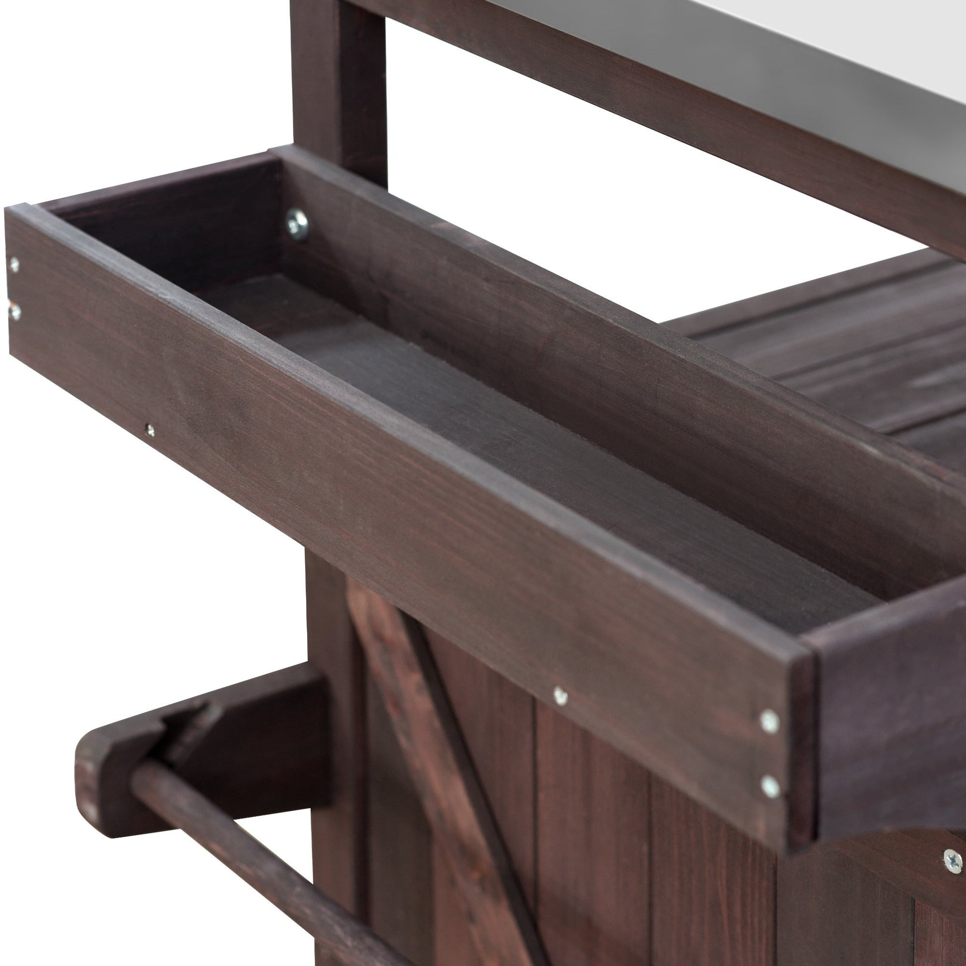 K&K Outdoor Kitchen Island, Rolling Bar Cart & Storage Cabinet, Farmhouse Solid Wood Outdoor Grill Table with Stainless Steel Top, Spice Rack , Towel Rack for Kitchen & Barbecue , Dark Brown - 1st Choice Furniture Direct