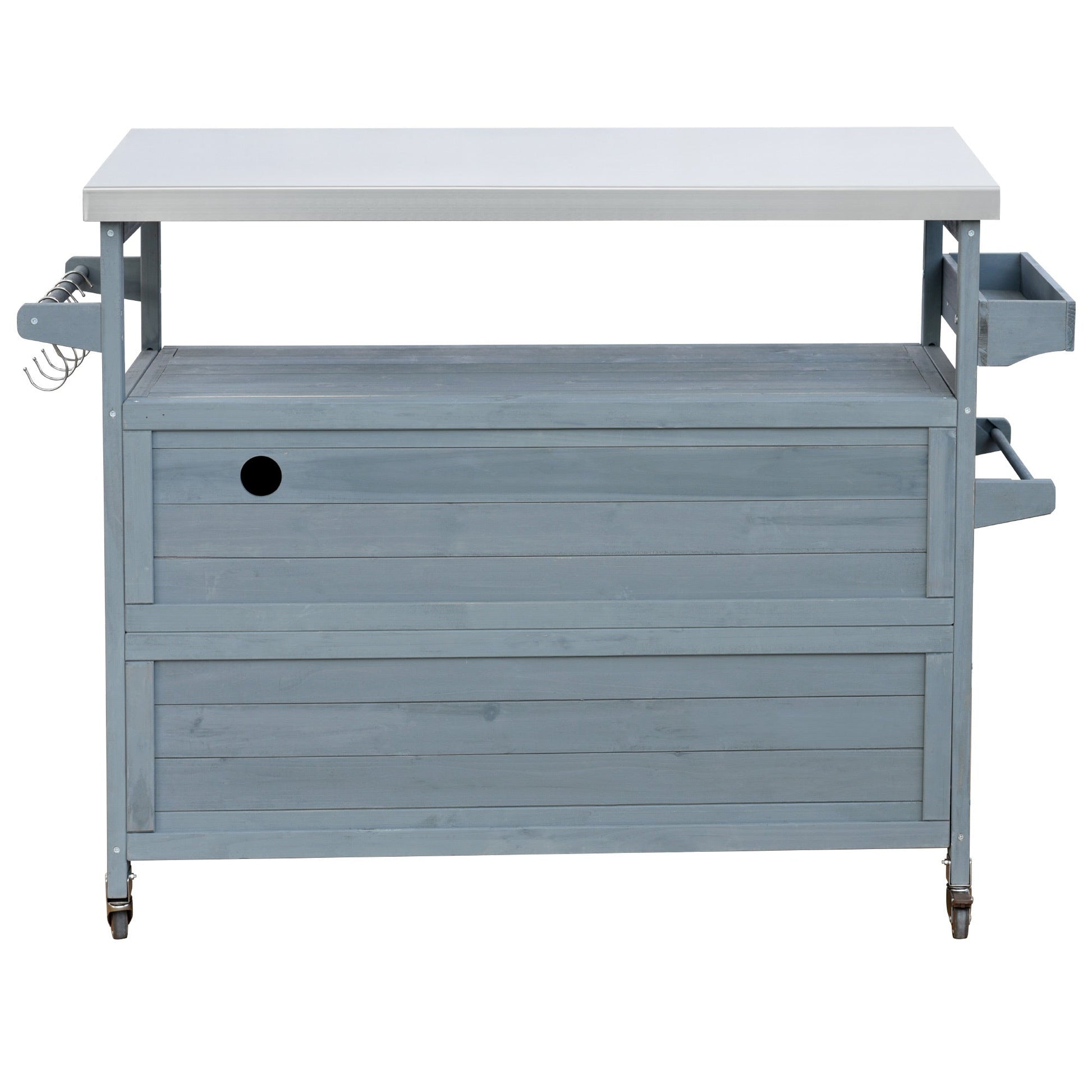 K&K Outdoor Kitchen Island, Rolling Bar Cart & Storage Cabinet, Farmhouse Solid Wood Outdoor Grill Table with Stainless Steel Top, Spice Rack , Towel Rack for Kitchen & BBQ , Grey Blue - 1st Choice Furniture Direct