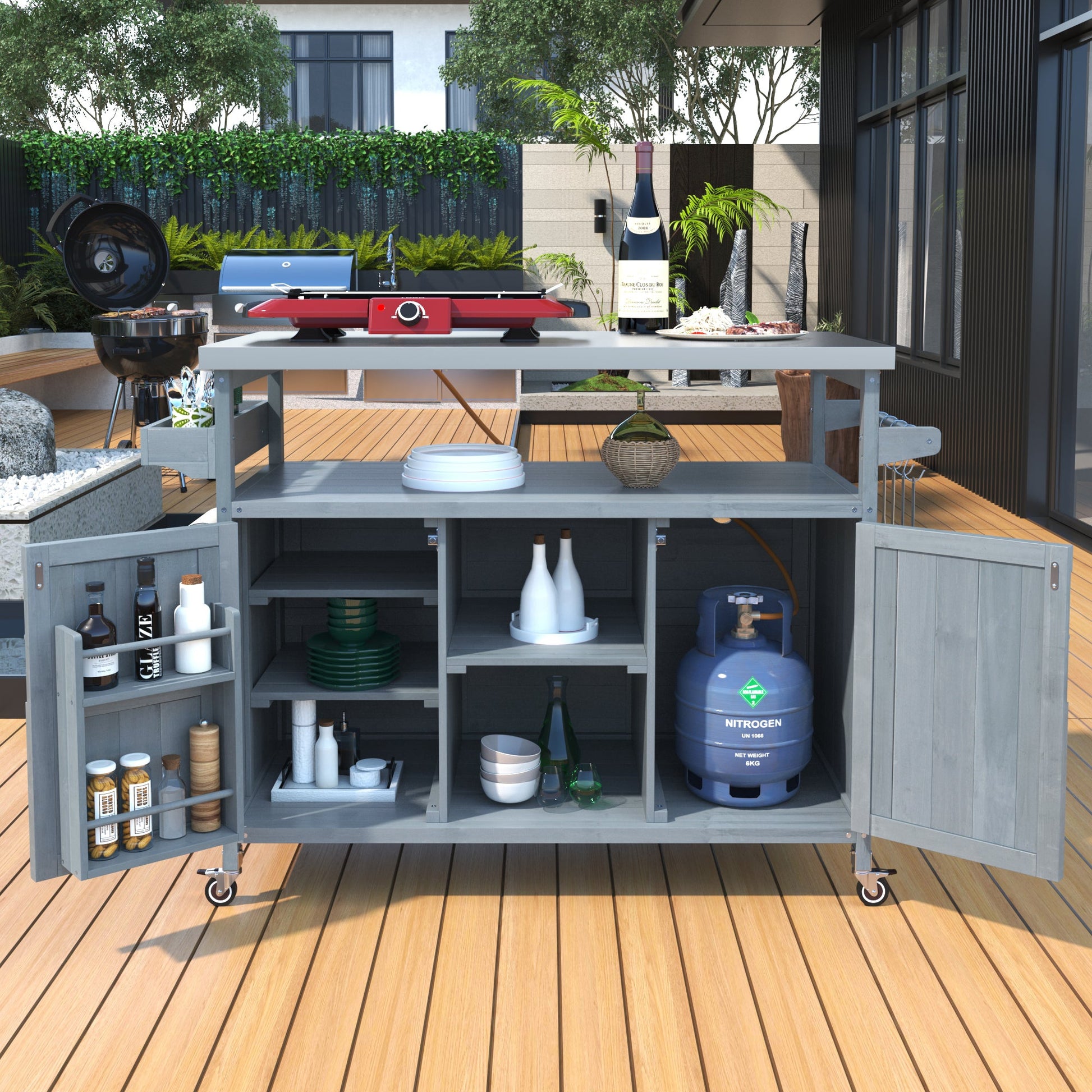 K&K Outdoor Kitchen Island, Rolling Bar Cart & Storage Cabinet, Farmhouse Solid Wood Outdoor Grill Table with Stainless Steel Top, Spice Rack , Towel Rack for Kitchen & BBQ , Grey Blue - 1st Choice Furniture Direct