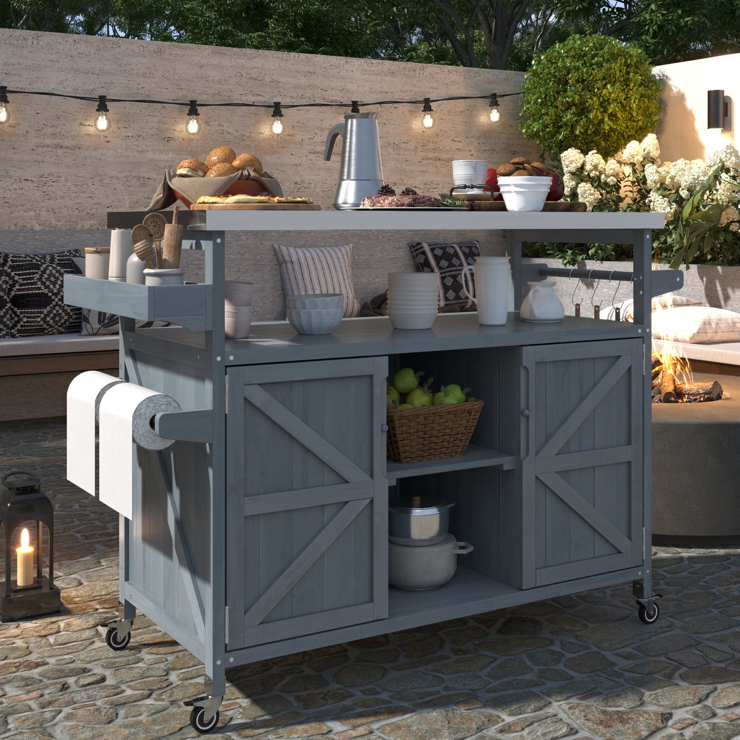 K&K Outdoor Kitchen Island, Rolling Bar Cart & Storage Cabinet, Farmhouse Solid Wood Outdoor Grill Table with Stainless Steel Top, Spice Rack , Towel Rack for Kitchen & BBQ , Grey Blue - 1st Choice Furniture Direct