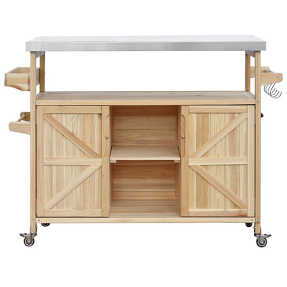 K&K Outdoor Kitchen Island, Rolling Bar Cart & Storage Cabinet, Farmhouse Solid Wood Outdoor Grill Table with Stainless Steel Top, Spice Rack , Towel Rack for Kitchen & BBQ , Natural - 1st Choice Furniture Direct