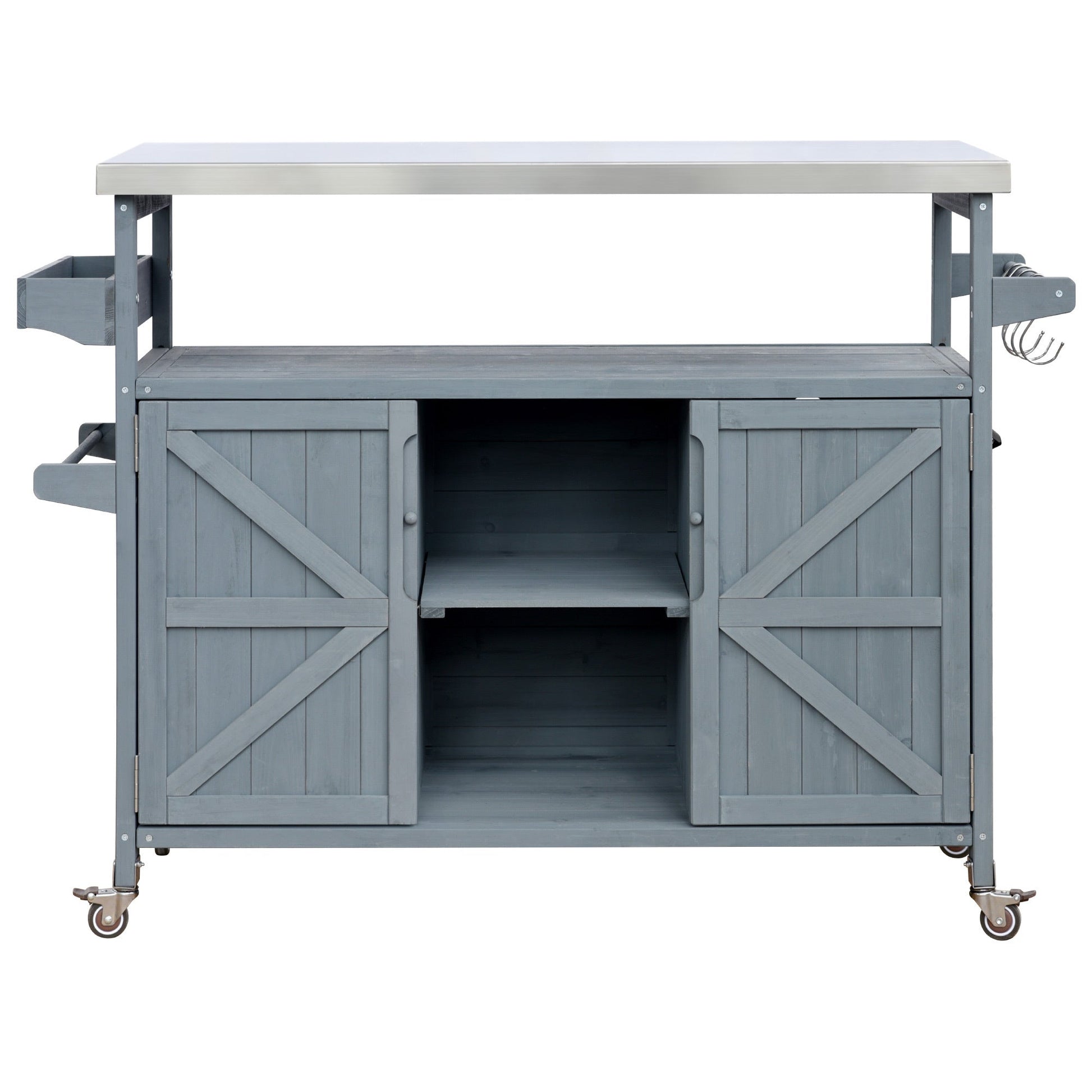 K&K Outdoor Kitchen Island, Rolling Bar Cart & Storage Cabinet, Farmhouse Solid Wood Outdoor Grill Table with Stainless Steel Top, Spice Rack , Towel Rack for Kitchen & BBQ , Grey Blue - 1st Choice Furniture Direct