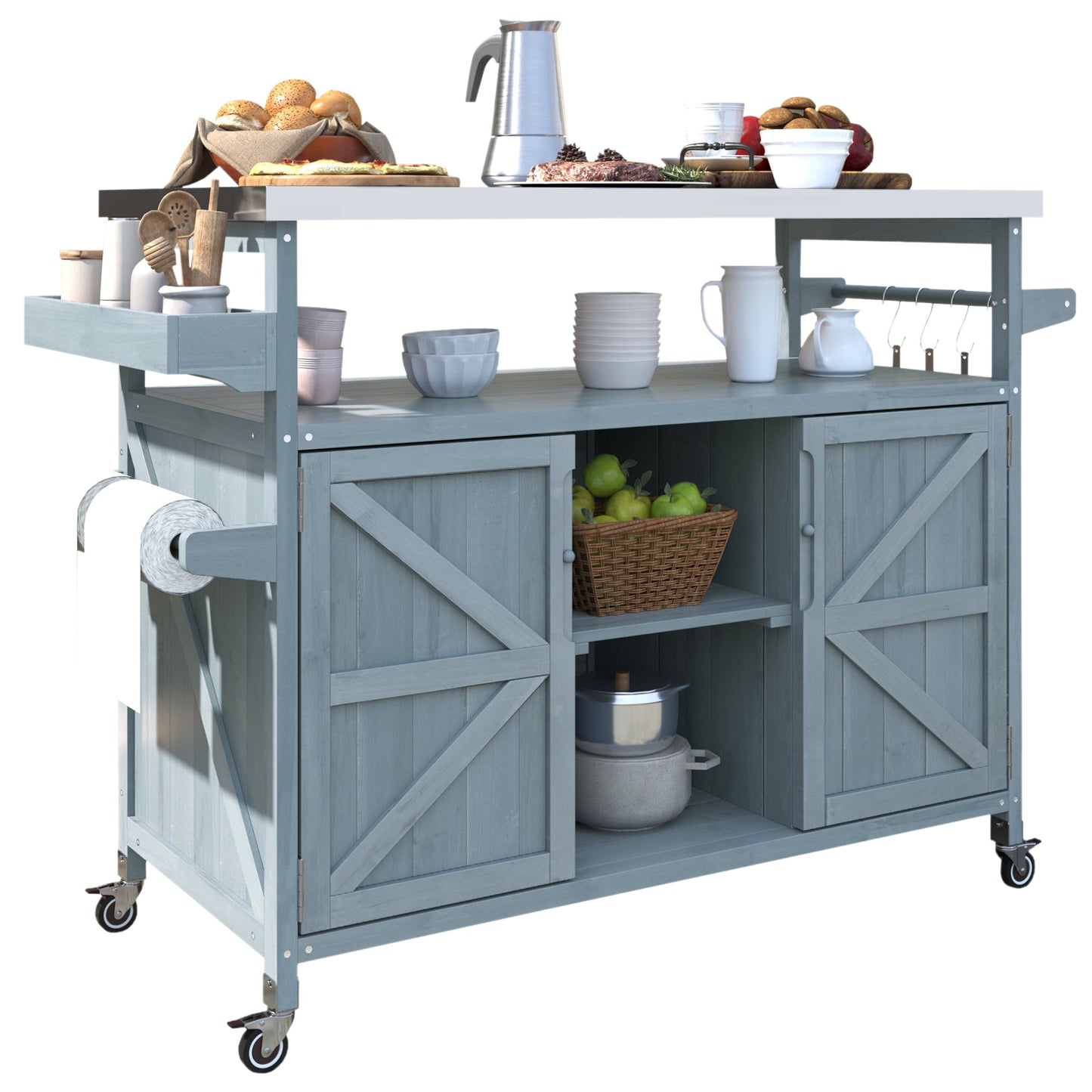 K&K Outdoor Kitchen Island, Rolling Bar Cart & Storage Cabinet, Farmhouse Solid Wood Outdoor Grill Table with Stainless Steel Top, Spice Rack , Towel Rack for Kitchen & BBQ , Grey Blue - 1st Choice Furniture Direct