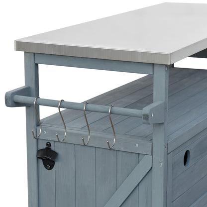 K&K Outdoor Kitchen Island, Rolling Bar Cart & Storage Cabinet, Farmhouse Solid Wood Outdoor Grill Table with Stainless Steel Top, Spice Rack , Towel Rack for Kitchen & BBQ , Grey Blue - 1st Choice Furniture Direct