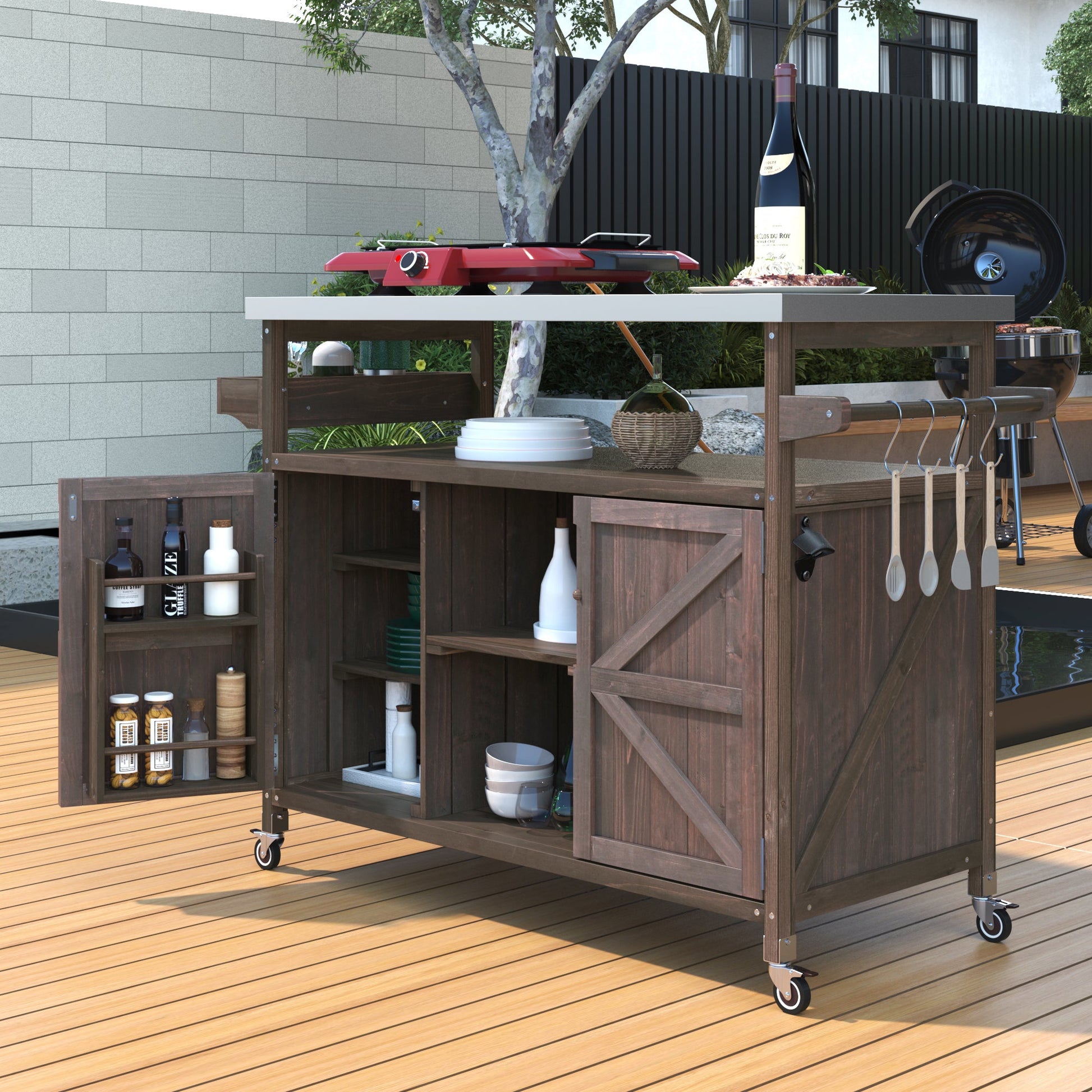 K&K Outdoor Kitchen Island, Rolling Bar Cart & Storage Cabinet, Farmhouse Solid Wood Outdoor Grill Table with Stainless Steel Top, Spice Rack , Towel Rack for Kitchen & Barbecue , Dark Brown - 1st Choice Furniture Direct