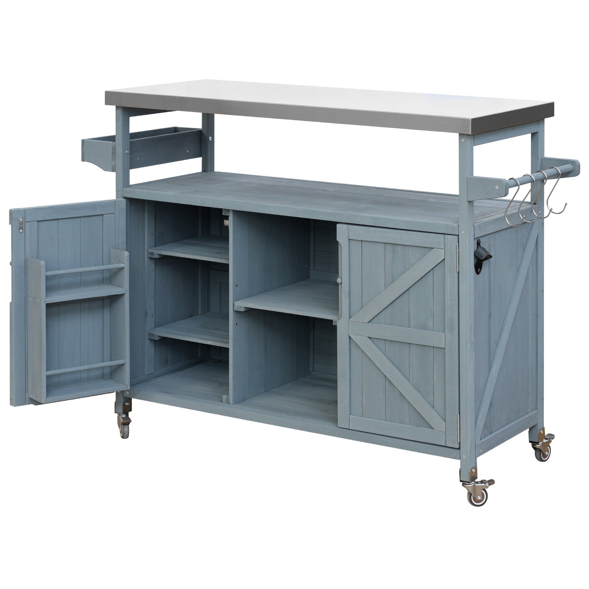 K&K Outdoor Kitchen Island, Rolling Bar Cart & Storage Cabinet, Farmhouse Solid Wood Outdoor Grill Table with Stainless Steel Top, Spice Rack , Towel Rack for Kitchen & BBQ , Grey Blue - 1st Choice Furniture Direct