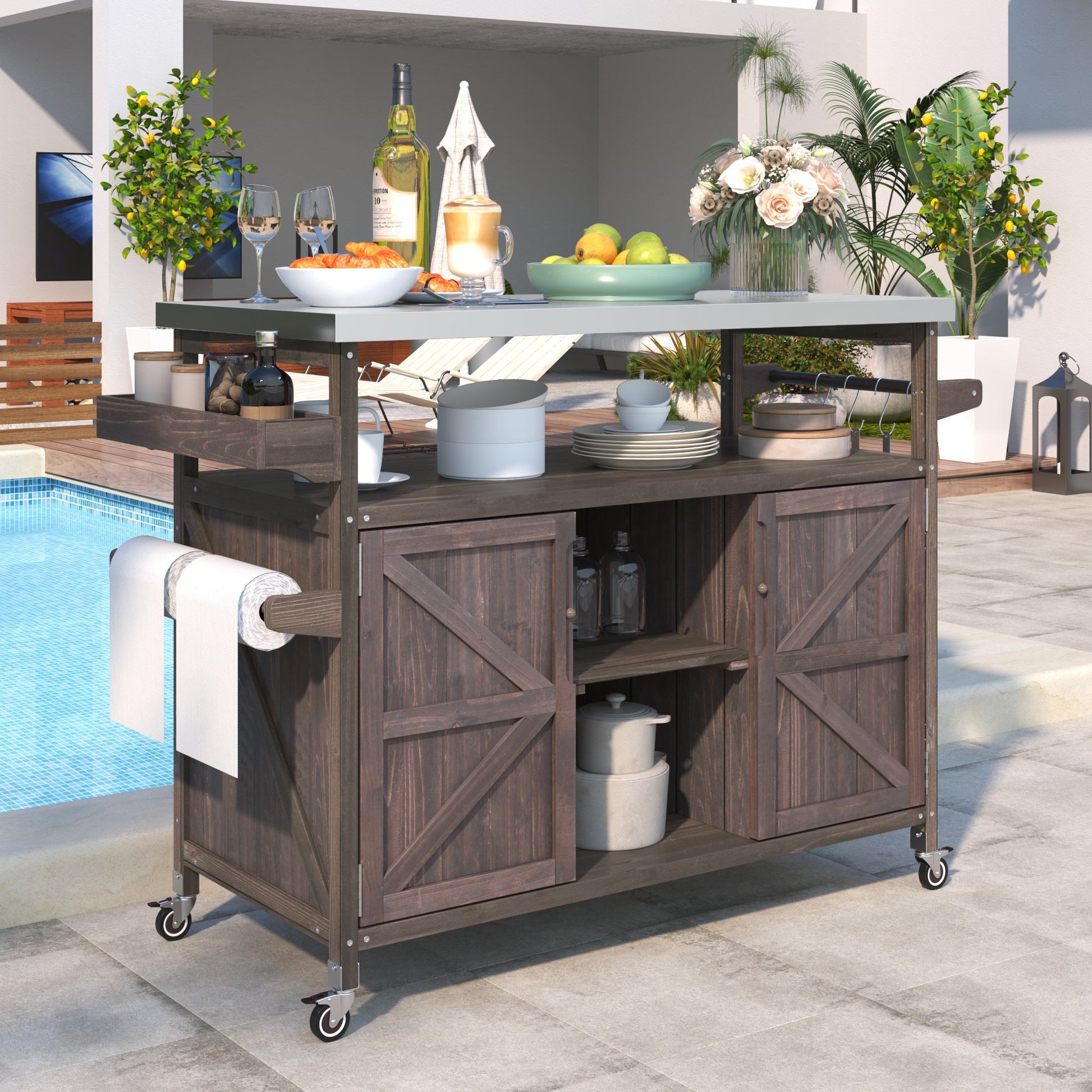 K&K Outdoor Kitchen Island, Rolling Bar Cart & Storage Cabinet, Farmhouse Solid Wood Outdoor Grill Table with Stainless Steel Top, Spice Rack , Towel Rack for Kitchen & Barbecue , Dark Brown - 1st Choice Furniture Direct