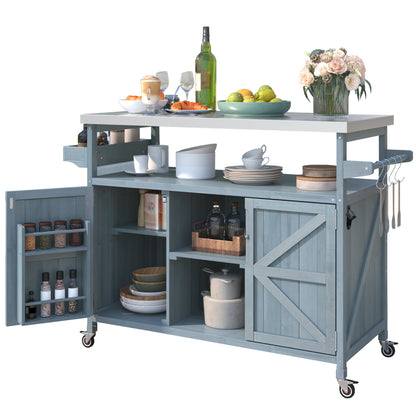 K&K Outdoor Kitchen Island, Rolling Bar Cart & Storage Cabinet, Farmhouse Solid Wood Outdoor Grill Table with Stainless Steel Top, Spice Rack , Towel Rack for Kitchen & BBQ , Grey Blue - 1st Choice Furniture Direct