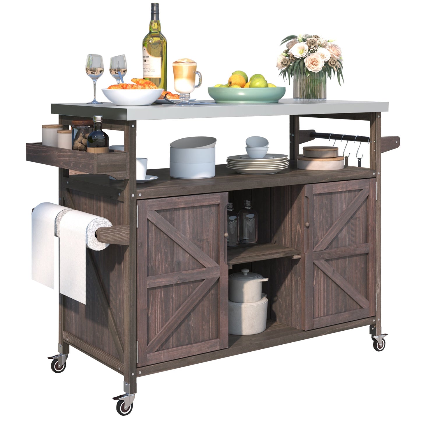 K&K Outdoor Kitchen Island, Rolling Bar Cart & Storage Cabinet, Farmhouse Solid Wood Outdoor Grill Table with Stainless Steel Top, Spice Rack , Towel Rack for Kitchen & Barbecue , Dark Brown - 1st Choice Furniture Direct