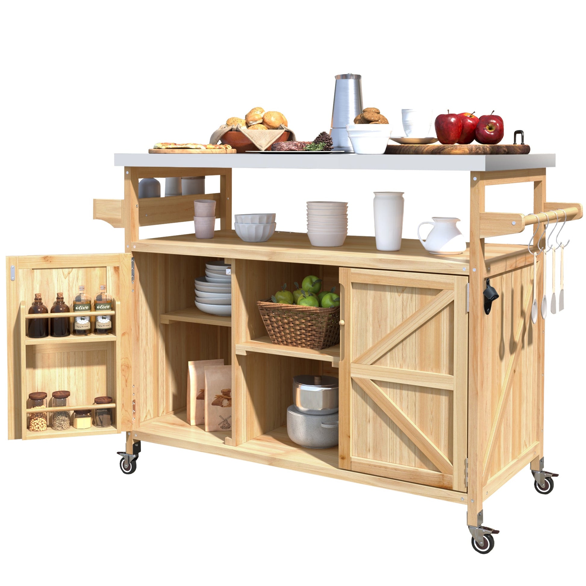 K&K Outdoor Kitchen Island, Rolling Bar Cart & Storage Cabinet, Farmhouse Solid Wood Outdoor Grill Table with Stainless Steel Top, Spice Rack , Towel Rack for Kitchen & BBQ , Natural - 1st Choice Furniture Direct