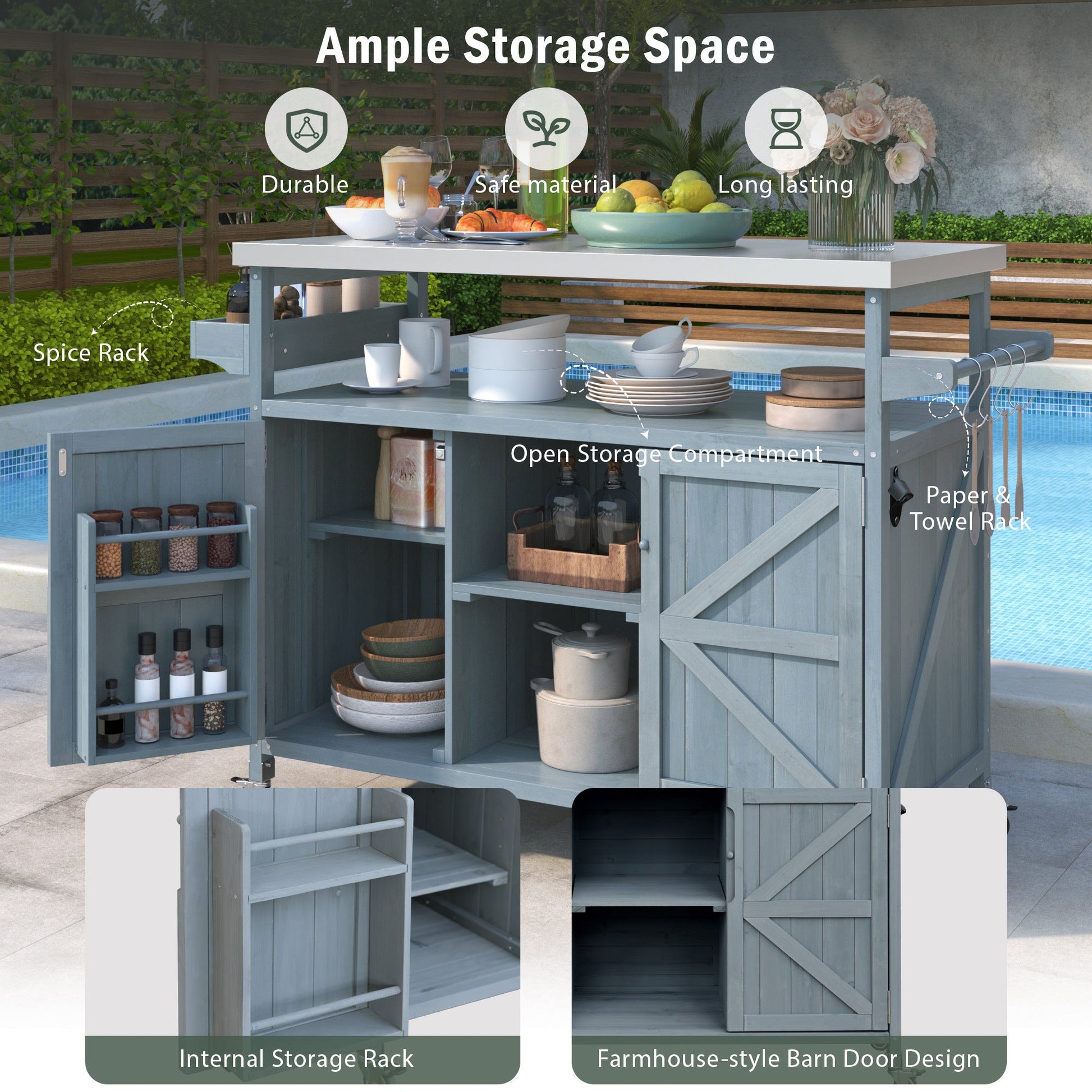 K&K Outdoor Kitchen Island, Rolling Bar Cart & Storage Cabinet, Farmhouse Solid Wood Outdoor Grill Table with Stainless Steel Top, Spice Rack , Towel Rack for Kitchen & BBQ , Grey Blue - 1st Choice Furniture Direct