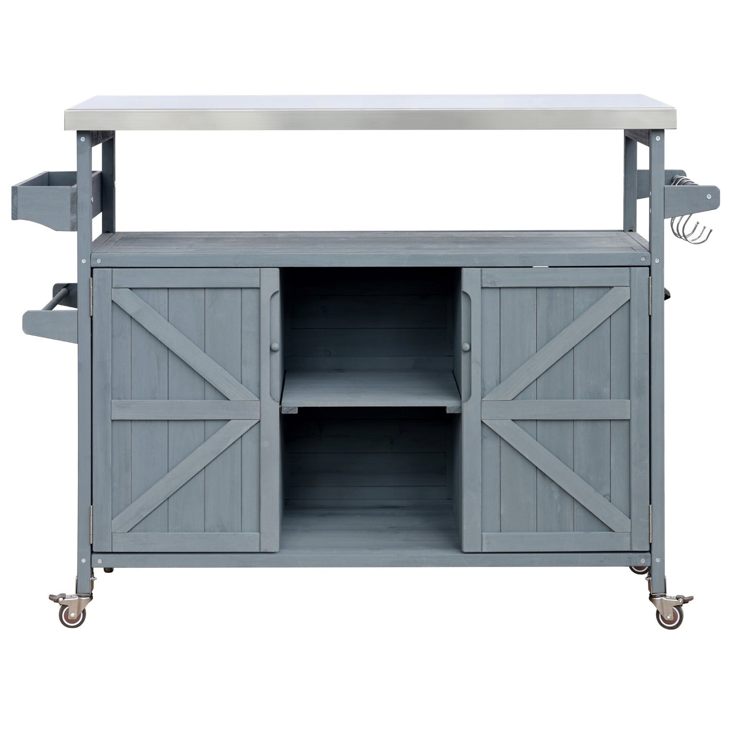 K&K Outdoor Kitchen Island, Rolling Bar Cart & Storage Cabinet, Farmhouse Solid Wood Outdoor Grill Table with Stainless Steel Top, Spice Rack , Towel Rack for Kitchen & BBQ , Grey Blue - 1st Choice Furniture Direct