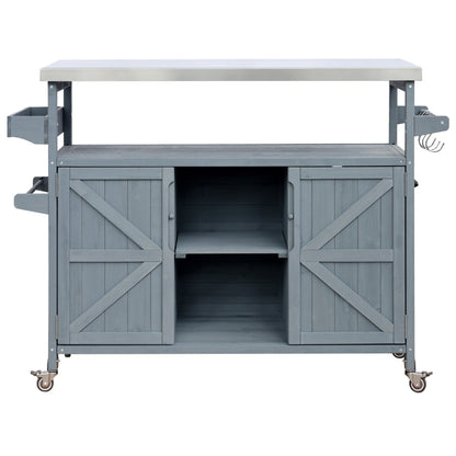 K&K Outdoor Kitchen Island, Rolling Bar Cart & Storage Cabinet, Farmhouse Solid Wood Outdoor Grill Table with Stainless Steel Top, Spice Rack , Towel Rack for Kitchen & BBQ , Grey Blue - 1st Choice Furniture Direct