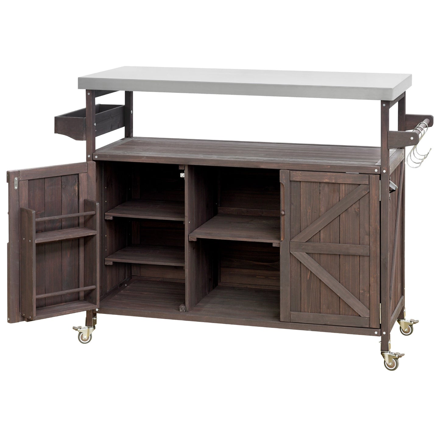 K&K Outdoor Kitchen Island, Rolling Bar Cart & Storage Cabinet, Farmhouse Solid Wood Outdoor Grill Table with Stainless Steel Top, Spice Rack , Towel Rack for Kitchen & Barbecue , Dark Brown - 1st Choice Furniture Direct