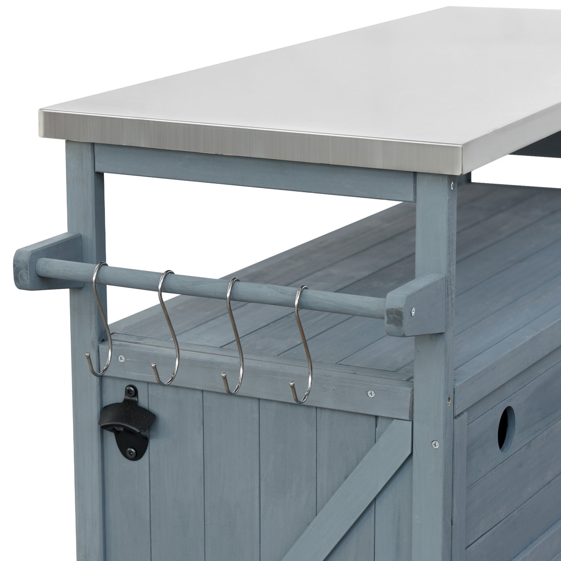 K&K Outdoor Kitchen Island, Rolling Bar Cart & Storage Cabinet, Farmhouse Solid Wood Outdoor Grill Table with Stainless Steel Top, Spice Rack , Towel Rack for Kitchen & BBQ , Grey Blue - 1st Choice Furniture Direct