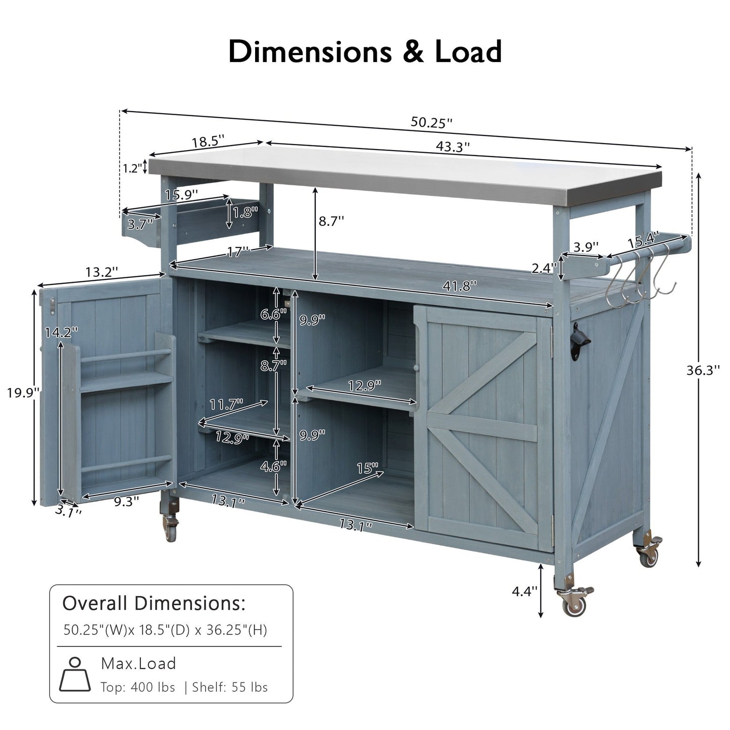K&K Outdoor Kitchen Island, Rolling Bar Cart & Storage Cabinet, Farmhouse Solid Wood Outdoor Grill Table with Stainless Steel Top, Spice Rack , Towel Rack for Kitchen & BBQ , Grey Blue - 1st Choice Furniture Direct