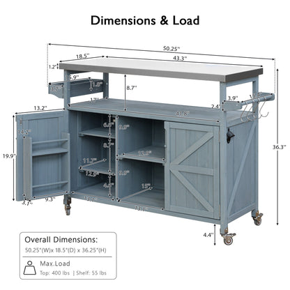 K&K Outdoor Kitchen Island, Rolling Bar Cart & Storage Cabinet, Farmhouse Solid Wood Outdoor Grill Table with Stainless Steel Top, Spice Rack , Towel Rack for Kitchen & BBQ , Grey Blue - 1st Choice Furniture Direct