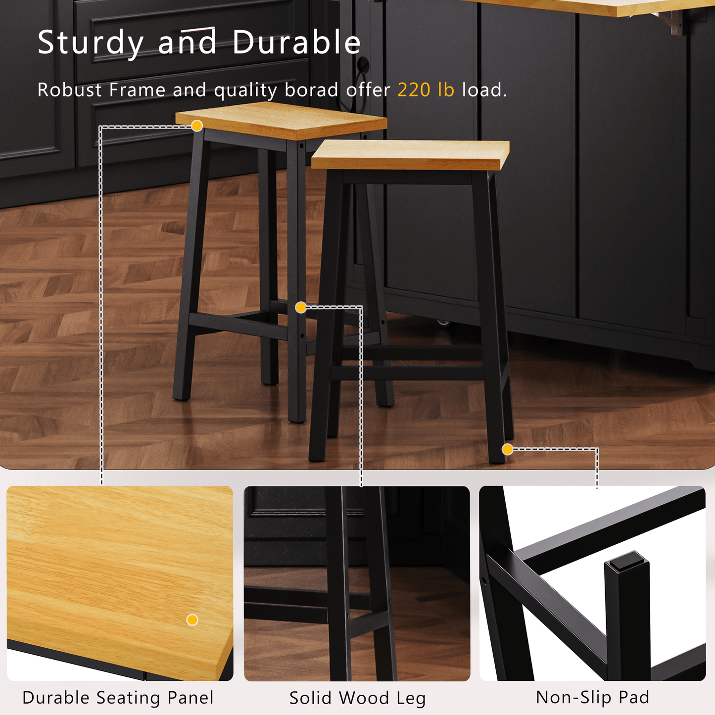 K&K Solid Wood Bar Stools (Not Cheap Iron), 25.6' Tall Set of 2 Bar Chairs, Kitchen Counter Stools with Footrests, Farmhouse Stools for Dining Room, Kitchen, Counter, Black - 1st Choice Furniture Direct