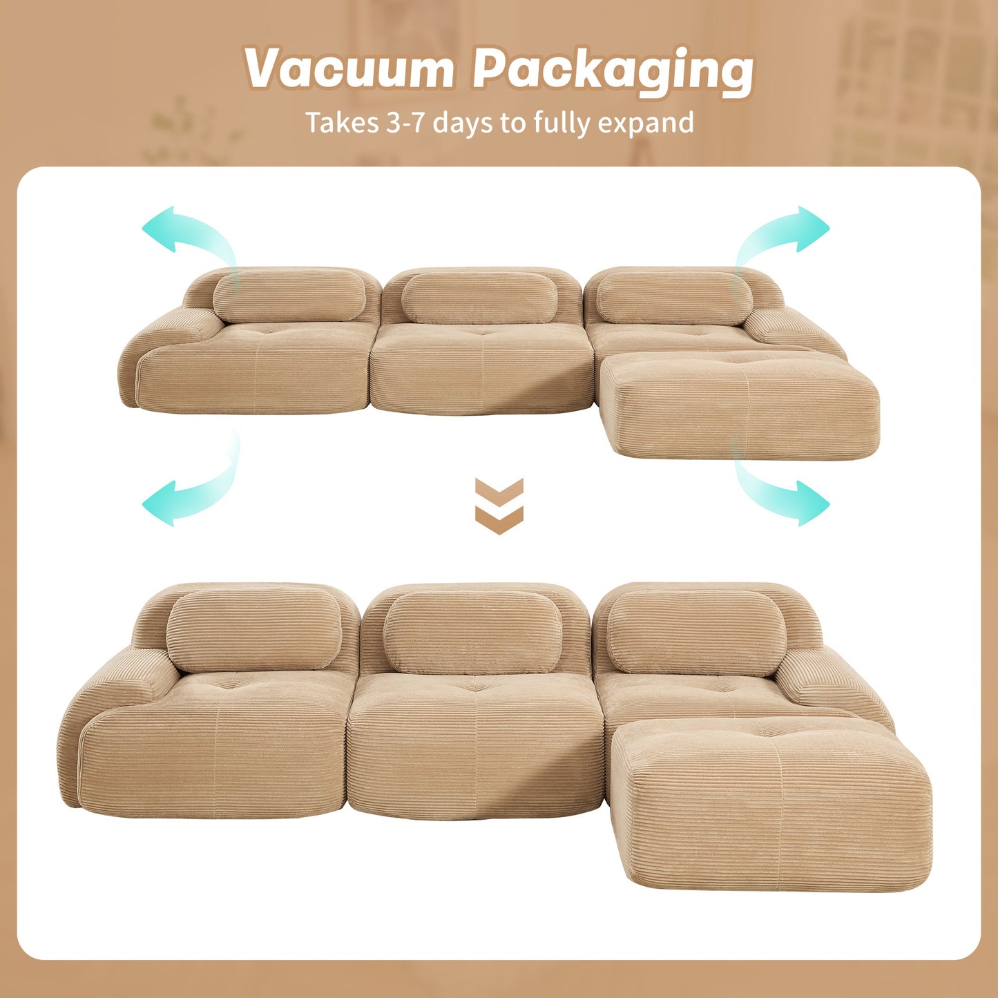 L - Shaped Modular Corduroy Sofa | No Assembly Modern Sectional Couch with Ergonomic Design (Camel) - 1st Choice Furniture Direct