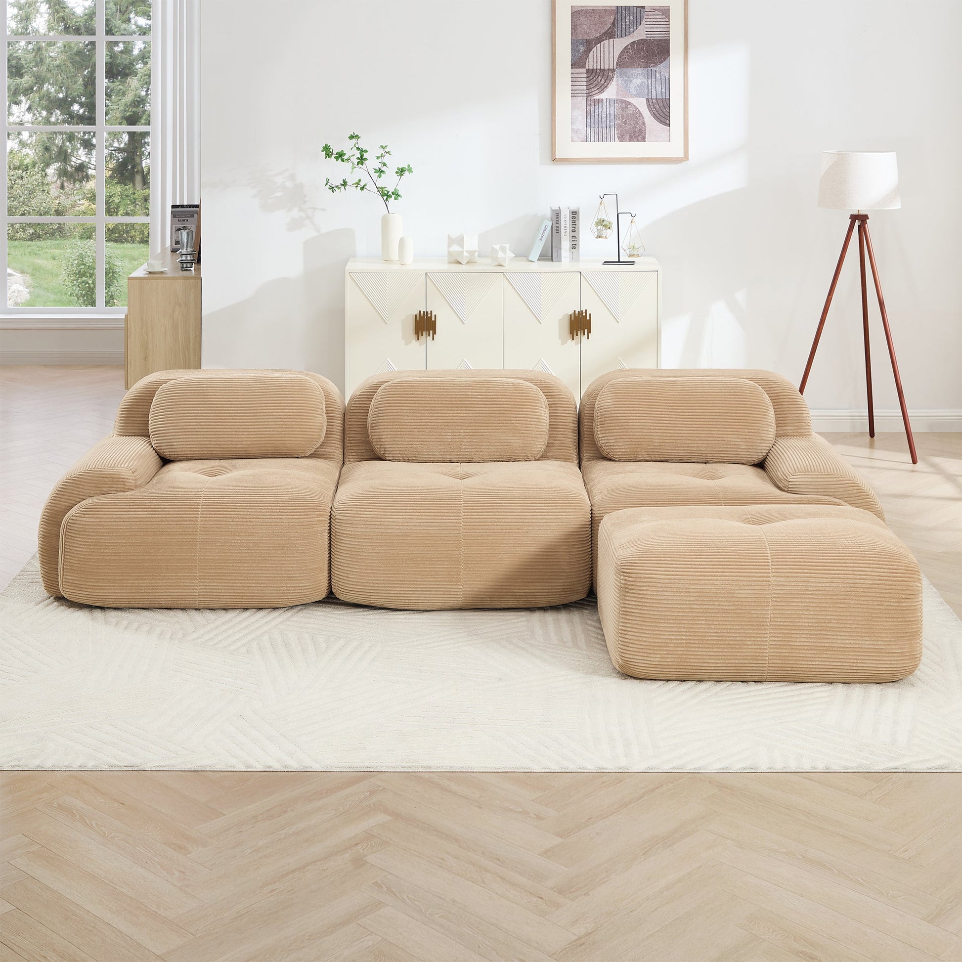 L - Shaped Modular Corduroy Sofa | No Assembly Modern Sectional Couch with Ergonomic Design (Camel) - 1st Choice Furniture Direct