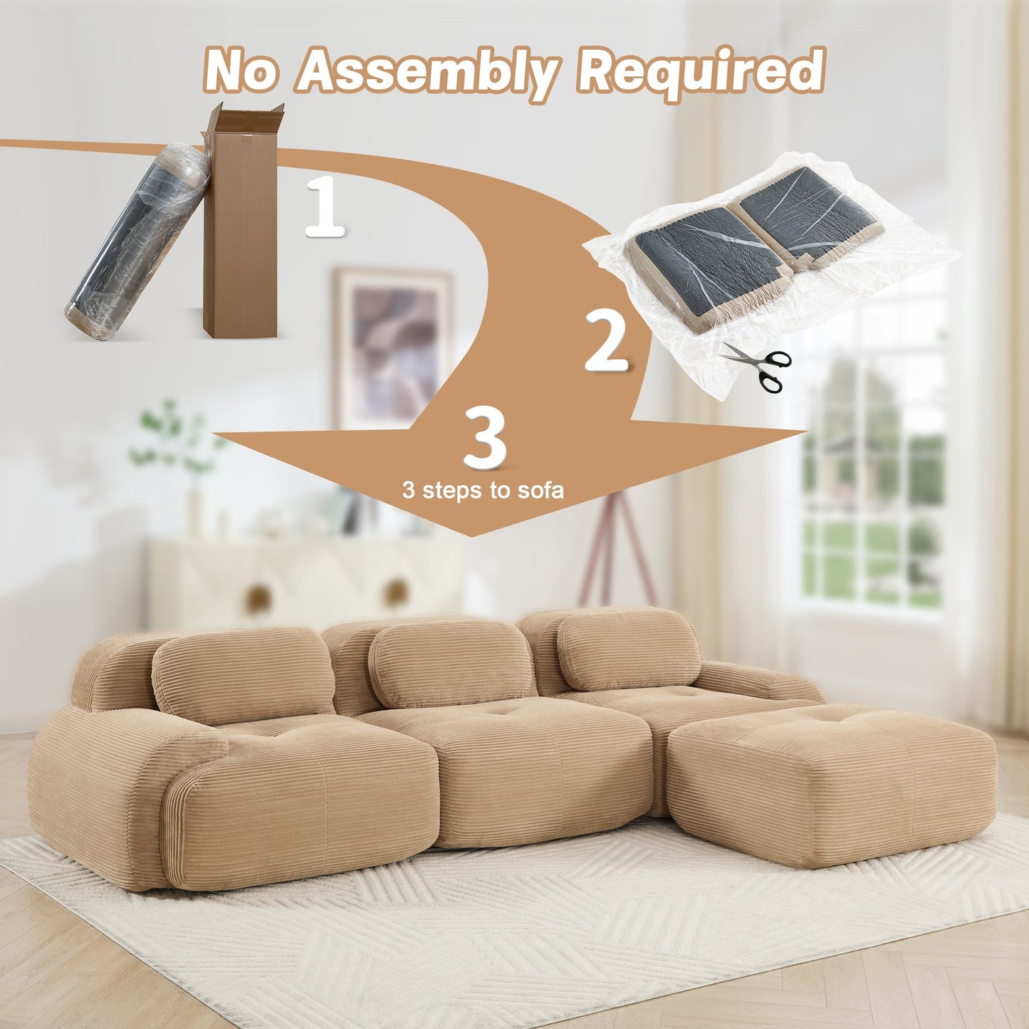L - Shaped Modular Corduroy Sofa | No Assembly Modern Sectional Couch with Ergonomic Design (Camel) - 1st Choice Furniture Direct