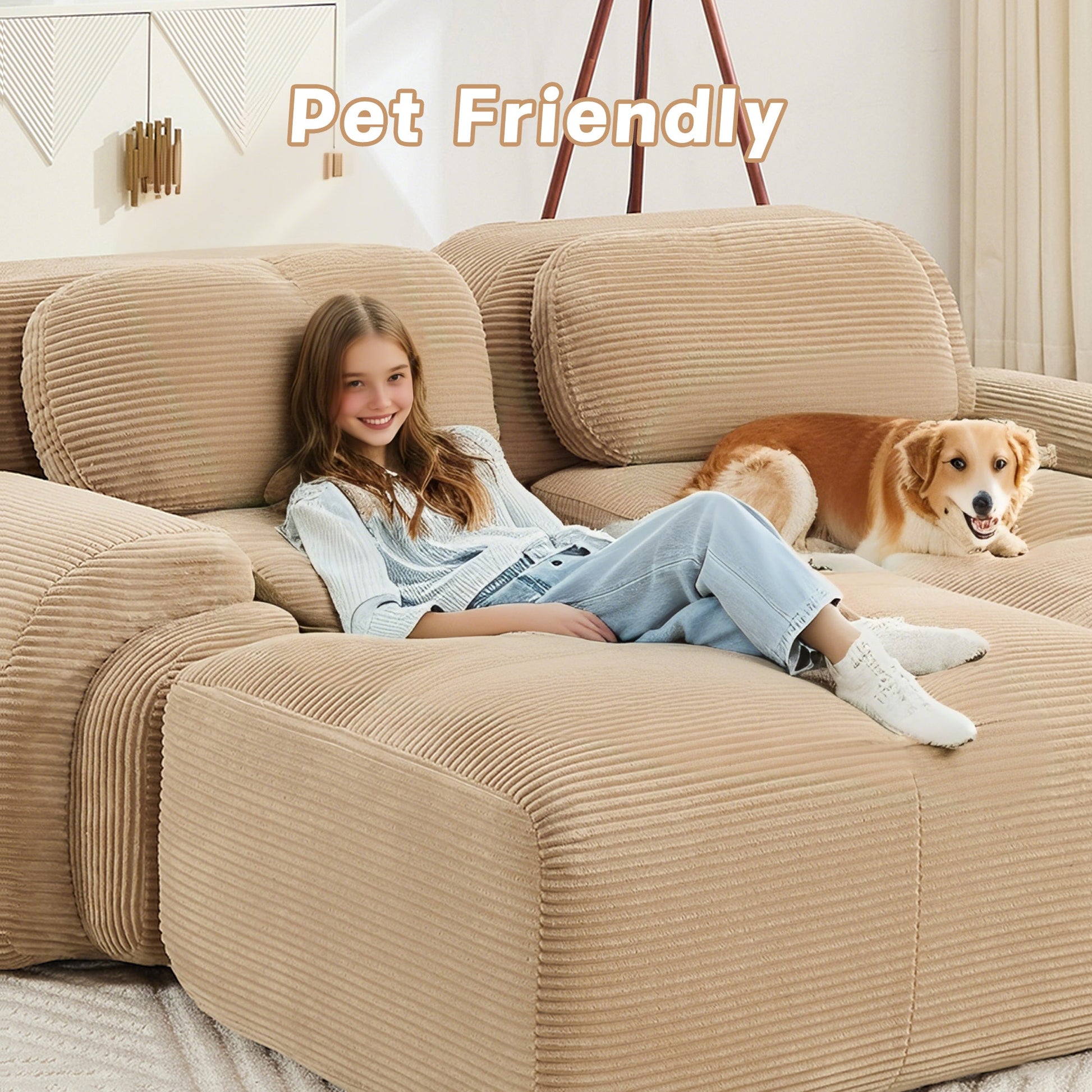 L - Shaped Modular Corduroy Sofa | No Assembly Modern Sectional Couch with Ergonomic Design (Camel) - 1st Choice Furniture Direct