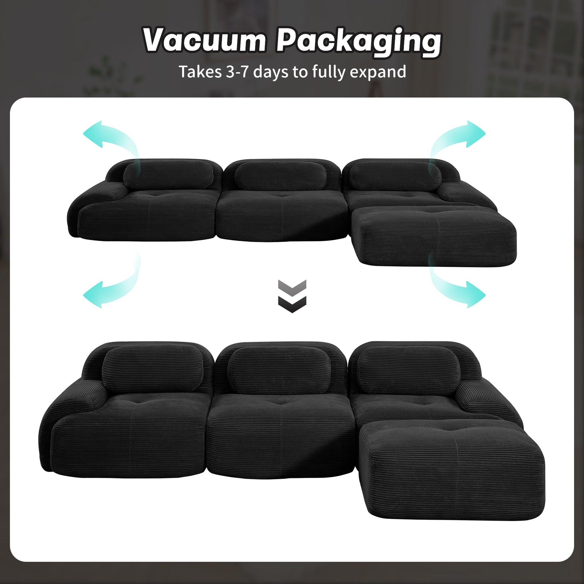 L - shaped modular sofa no assembly ergonomic design pet - friendly luxuryCorduroy Fabric fabric extra - wide curved armrests 32D high - resilience sponge for living rooms bedroom ,Black - 1st Choice Furniture Direct