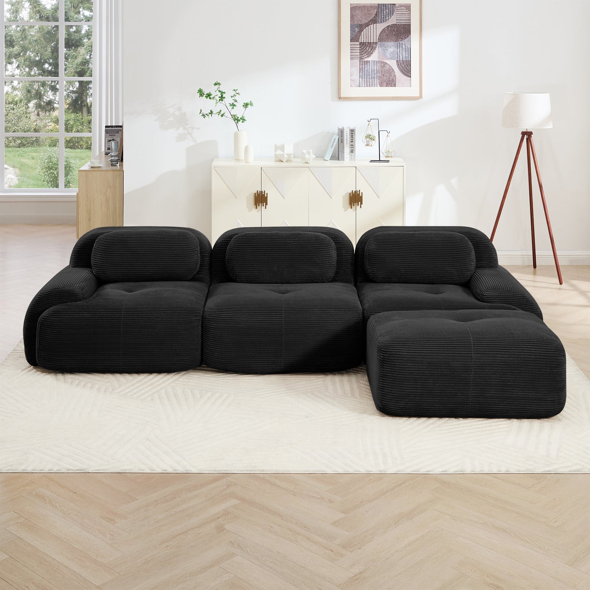 L - shaped modular sofa no assembly ergonomic design pet - friendly luxuryCorduroy Fabric fabric extra - wide curved armrests 32D high - resilience sponge for living rooms bedroom ,Black - 1st Choice Furniture Direct