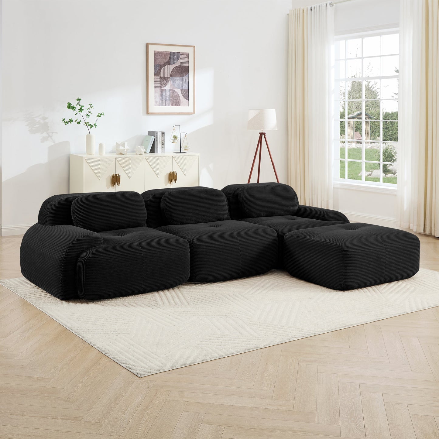 L - shaped modular sofa no assembly ergonomic design pet - friendly luxuryCorduroy Fabric fabric extra - wide curved armrests 32D high - resilience sponge for living rooms bedroom ,Black - 1st Choice Furniture Direct