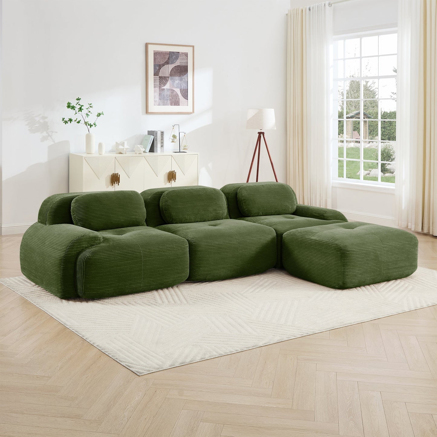L - shaped modular sofa no assembly ergonomic design pet - friendly luxuryCorduroy Fabric fabric extra - wide curved armrests 32D high - resilience sponge for living rooms bedroom ,Olive green - 1st Choice Furniture Direct