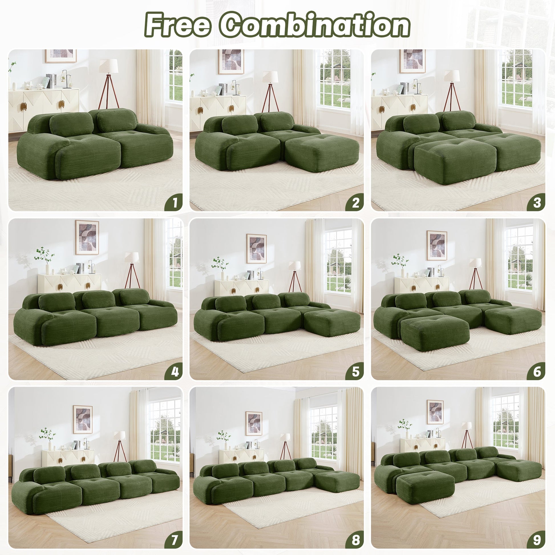 L - shaped modular sofa no assembly ergonomic design pet - friendly luxuryCorduroy Fabric fabric extra - wide curved armrests 32D high - resilience sponge for living rooms bedroom ,Olive green - 1st Choice Furniture Direct
