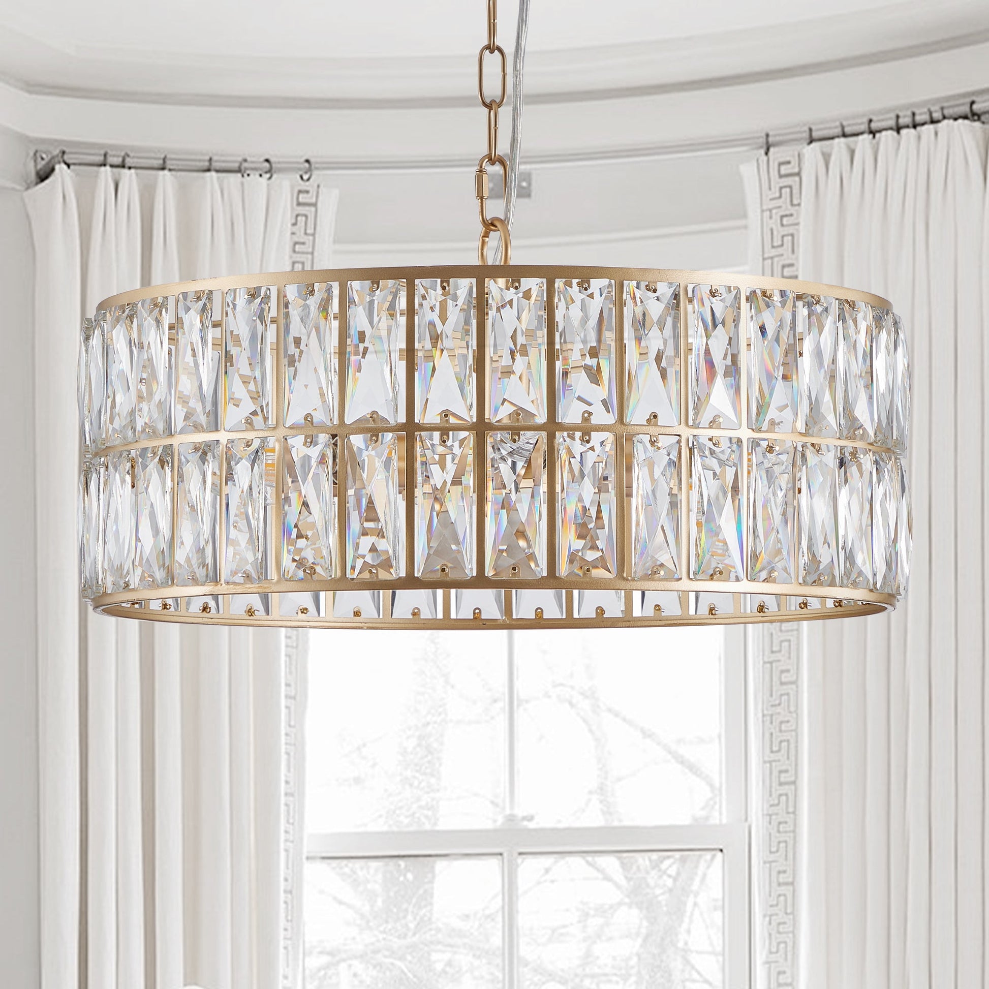 (L5025 - 450 - G/W1340P189450)18' Golden Modern Crystal Drum Chandelier, 6 - Light Pendant Lighting Fixture with Metal Frame for Living Room, Dining Room, and Bedroom (Bulbs Not Included) - 1st Choice Furniture Direct