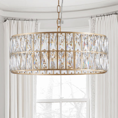(L5025 - 450 - G/W1340P189450)18' Golden Modern Crystal Drum Chandelier, 6 - Light Pendant Lighting Fixture with Metal Frame for Living Room, Dining Room, and Bedroom (Bulbs Not Included) - 1st Choice Furniture Direct