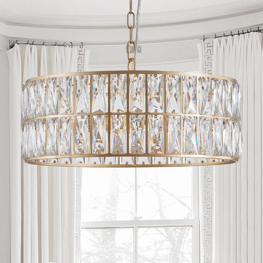 (L5025 - 450 - G/W1340P189450)18' Golden Modern Crystal Drum Chandelier, 6 - Light Pendant Lighting Fixture with Metal Frame for Living Room, Dining Room, and Bedroom (Bulbs Not Included) - 1st Choice Furniture Direct