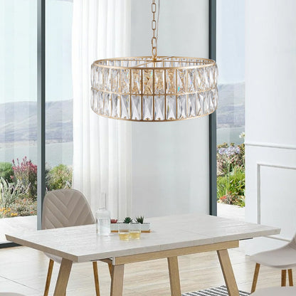 (L5025 - 450 - G/W1340P189450)18' Golden Modern Crystal Drum Chandelier, 6 - Light Pendant Lighting Fixture with Metal Frame for Living Room, Dining Room, and Bedroom (Bulbs Not Included) - 1st Choice Furniture Direct