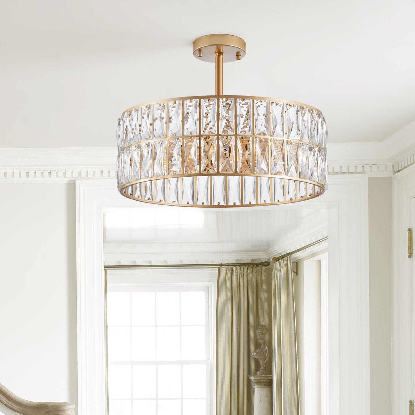 (L5025 - 450 - G/W1340P189450)18' Golden Modern Crystal Drum Chandelier, 6 - Light Pendant Lighting Fixture with Metal Frame for Living Room, Dining Room, and Bedroom (Bulbs Not Included) - 1st Choice Furniture Direct