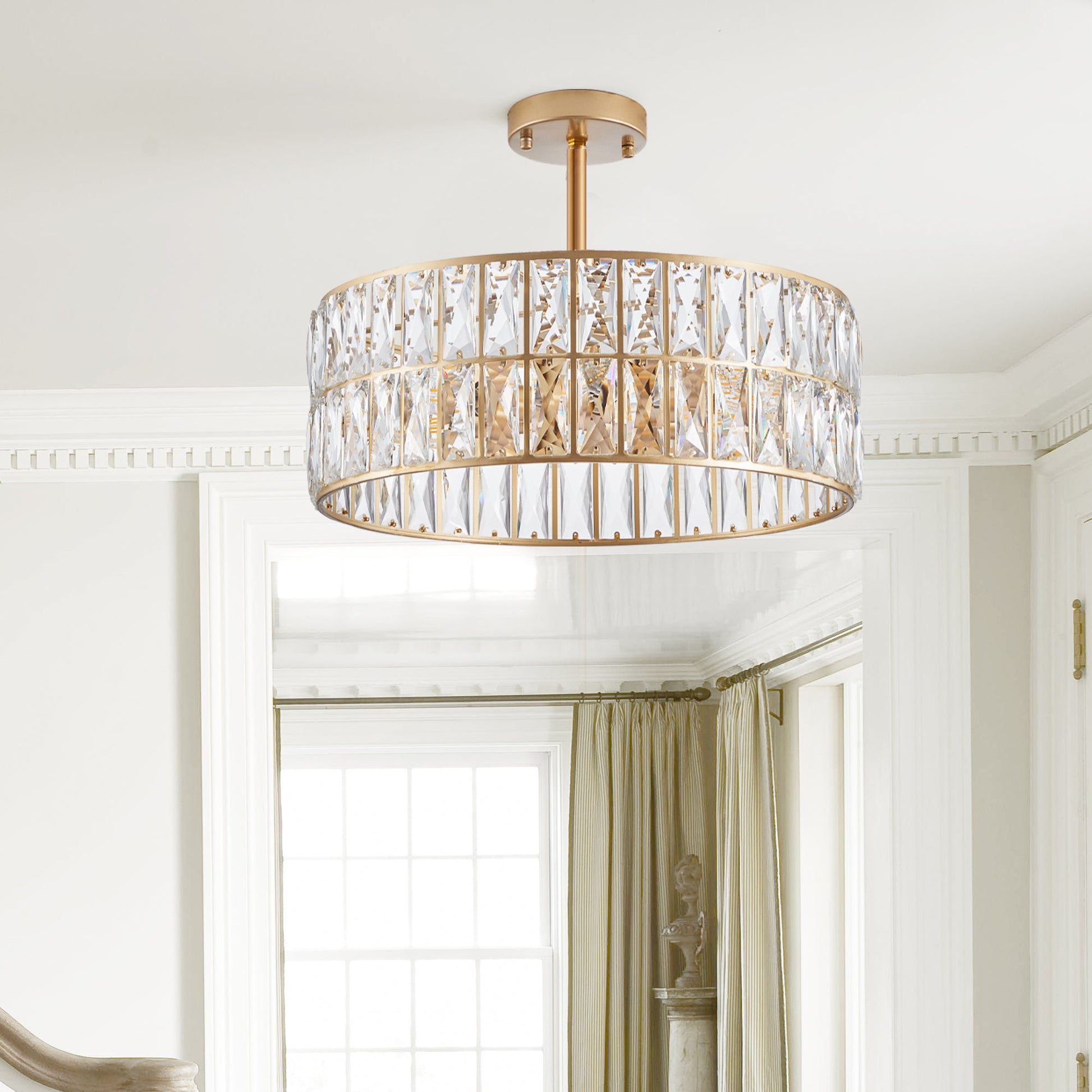 (L5025 - 450 - G/W1340P189450)18' Golden Modern Crystal Drum Chandelier, 6 - Light Pendant Lighting Fixture with Metal Frame for Living Room, Dining Room, and Bedroom (Bulbs Not Included) - 1st Choice Furniture Direct