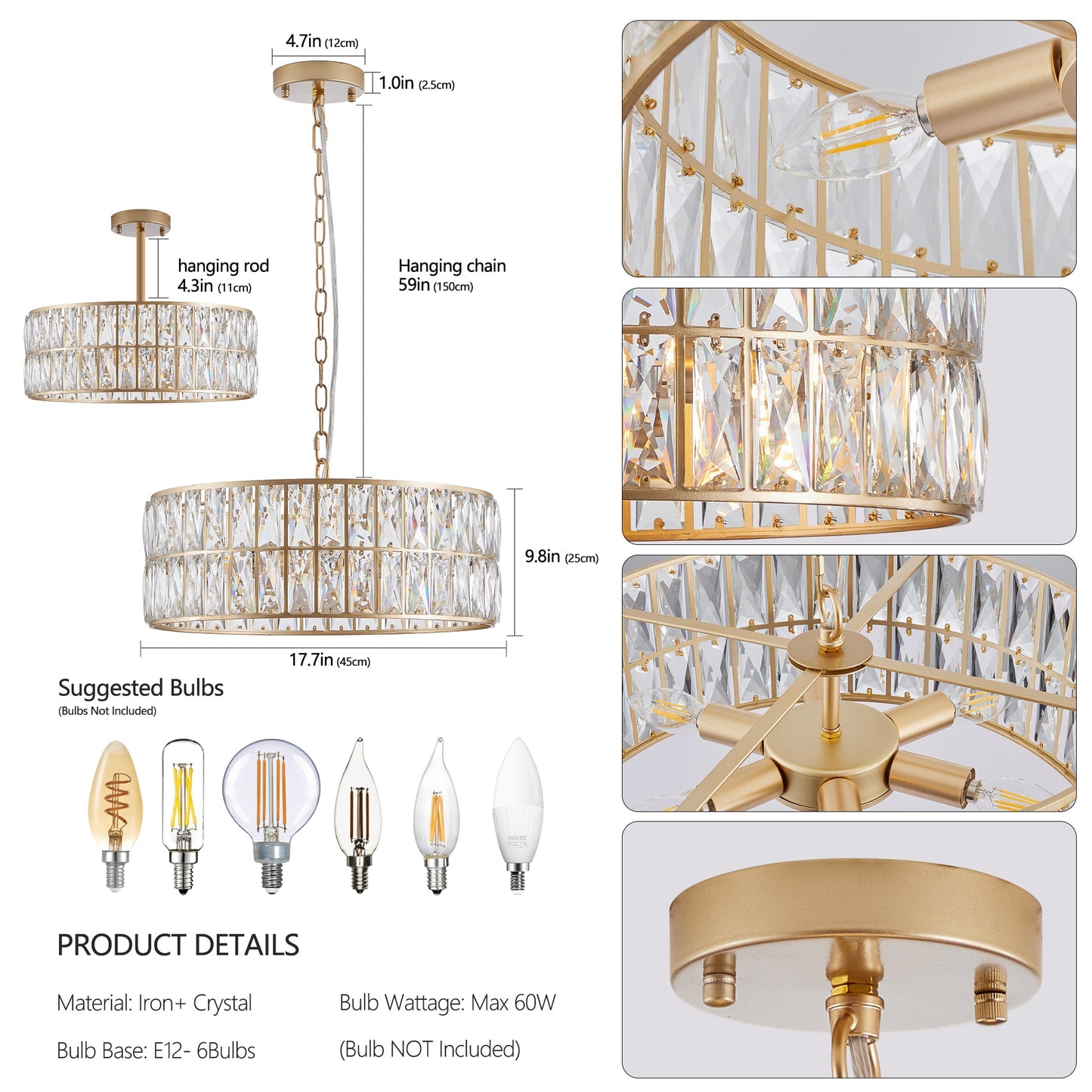 (L5025 - 450 - G/W1340P189450)18' Golden Modern Crystal Drum Chandelier, 6 - Light Pendant Lighting Fixture with Metal Frame for Living Room, Dining Room, and Bedroom (Bulbs Not Included) - 1st Choice Furniture Direct