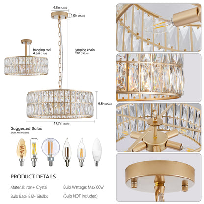 (L5025 - 450 - G/W1340P189450)18' Golden Modern Crystal Drum Chandelier, 6 - Light Pendant Lighting Fixture with Metal Frame for Living Room, Dining Room, and Bedroom (Bulbs Not Included) - 1st Choice Furniture Direct